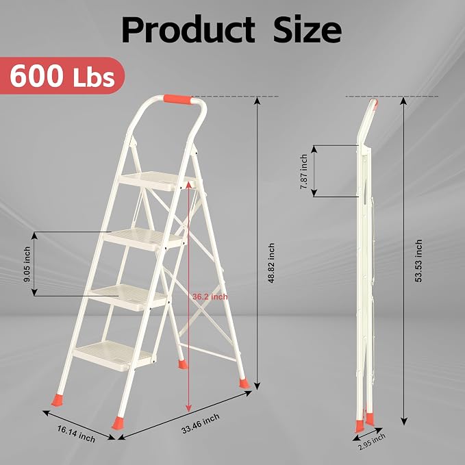 Step Ladder Foldable Folding Stool - for Home Adults Kitchen 4 Stepping Extension Tall Heavy Duty with Handrails - Closet Stepstool Stair Ladders Extendable Stepladder for Indoor House 600Lbs