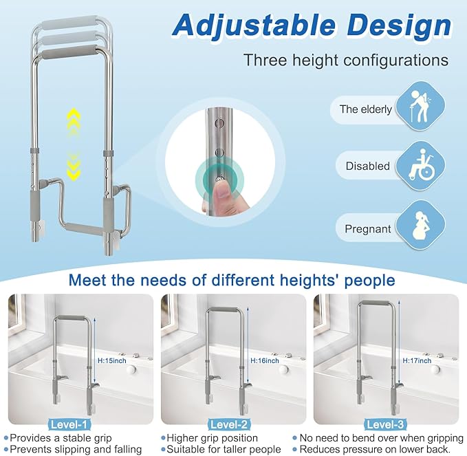 Bath Tub Handles for Seniors Shower Rails Elderly Adults Safety, Bathtub Clamp Grab Bars Helper No Drill, Handicap Bathroom Tub Support Bar Assist Devices, Help Getting Out of Bathtub