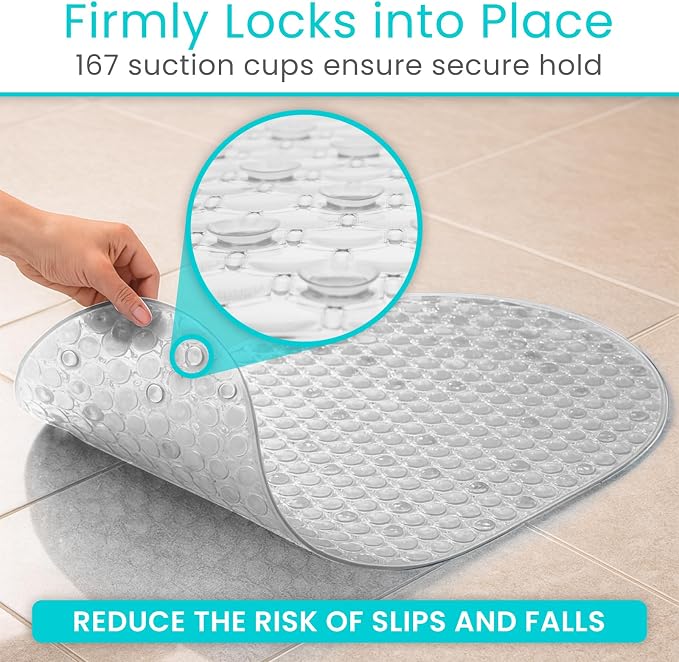 Vive Oval Bathtub Mat - Nonslip Shower Floor Pad - Non-Slip and Non-Skid for Bath Tub with Strong Rubber Suction Cup Grip - for Baby, Elderly, Kids, Bathroom (Gray)