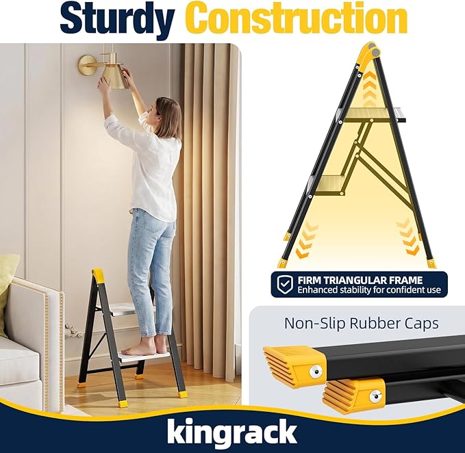 KINGRACK Aluminum Step Ladder, 2 Step Ladder Folding Design, Step Stool Foldable with Safe Grip, Non-Slip Handrails, Safety Lock, Heavy Duty 330LBS for Home, Kitchen, Garage, RV, Black