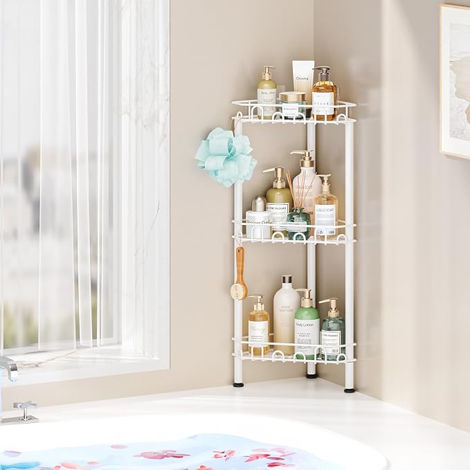 SWTYMIKI Standing Shower Caddy Corner - 3‑Tier Stainless Steel Shower Organizer Shelf with 12 Hooks and Adhesive Pads, Rustproof Corner Shelves Stand Rack for Bathroom Shower Room, white