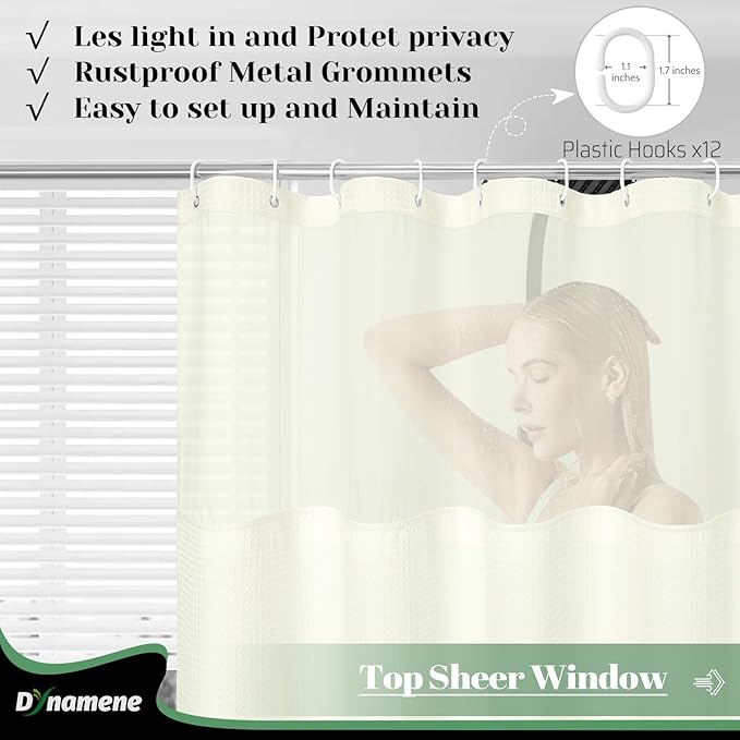 Dynamene 78 Inch Long Shower Curtain, Tall Waffle Fabric Shower Curtains for Bathroom, Hotel Waterproof Cloth Shower Curtain Liner Set with Hooks, Snap in Liner, Mesh Top Window, Cream, 72x78