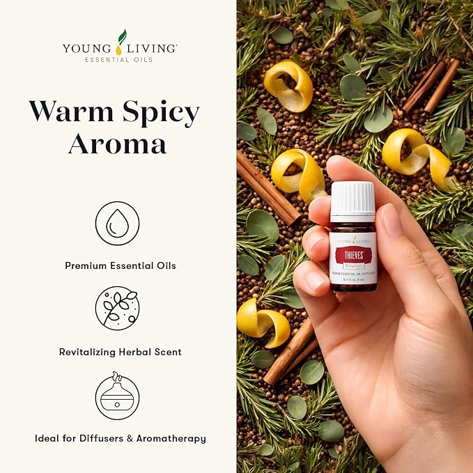 Young Living Thieves Vitality Essential Oil Blend | 5 ml | Warm Spicy Herbal Aroma for Diffusers, Massage & Aromatherapy | Clove, Lemon, Cinnamon, Eucalyptus & Rosemary Blend | Seed to Seal Quality