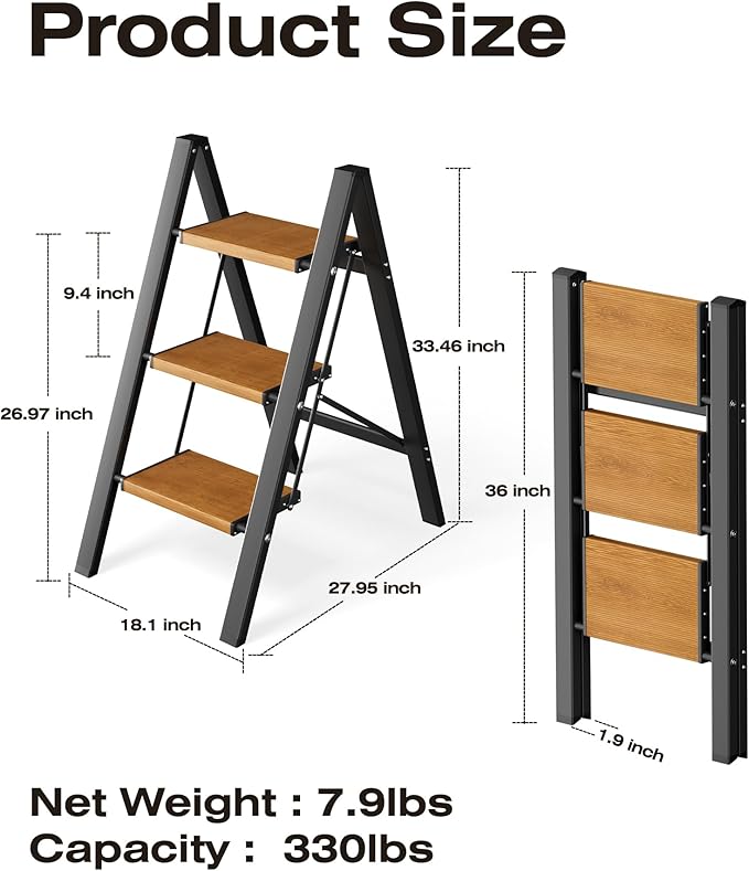 Taranta 3 Step Ladder,Aluminum Lightweight Folding 3 Step Stool with Anti-Slip Wide Pedal, 330lbs Capacity Step Ladder for Household,Kitchen,Office - BlackWoodgrain