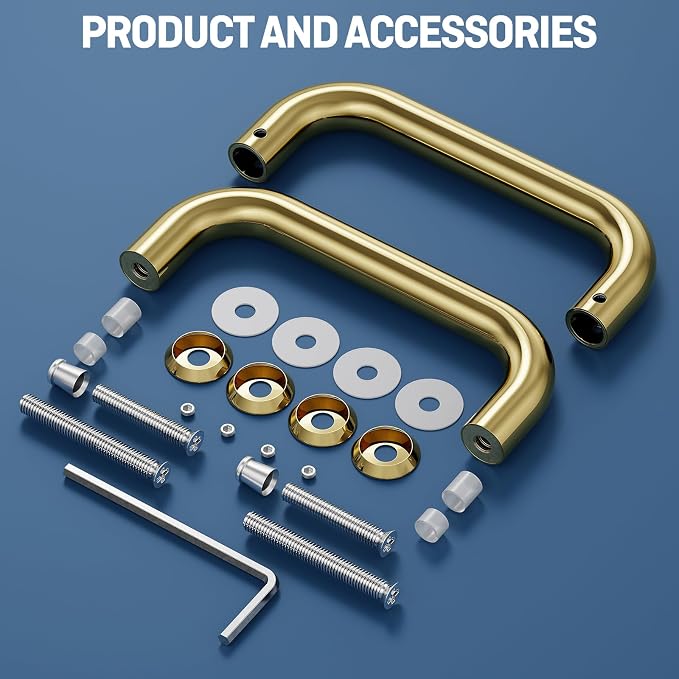 Ranbo Polished Gold 6" （CTC） Tubular Back-to-Back Shower Door Handle，Heavy-Duty 1.0mm Thick 304 Stainless Steel, for 1/4"- 1/2" Thick Glass and 1-3/8" - 2-1/6" Thick Wooden or Metal Doors