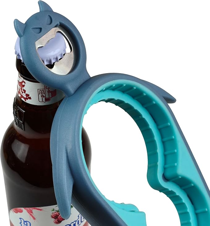 Jar Opener Bottle Opener for Arthritis, 5-in-1 Multifunctional Jar Opener, Easy Grip for Seniors and Weak Hands, Devil Shape Kitchen Gadget for Jar, Beer and Bottle (Grey and Blue)