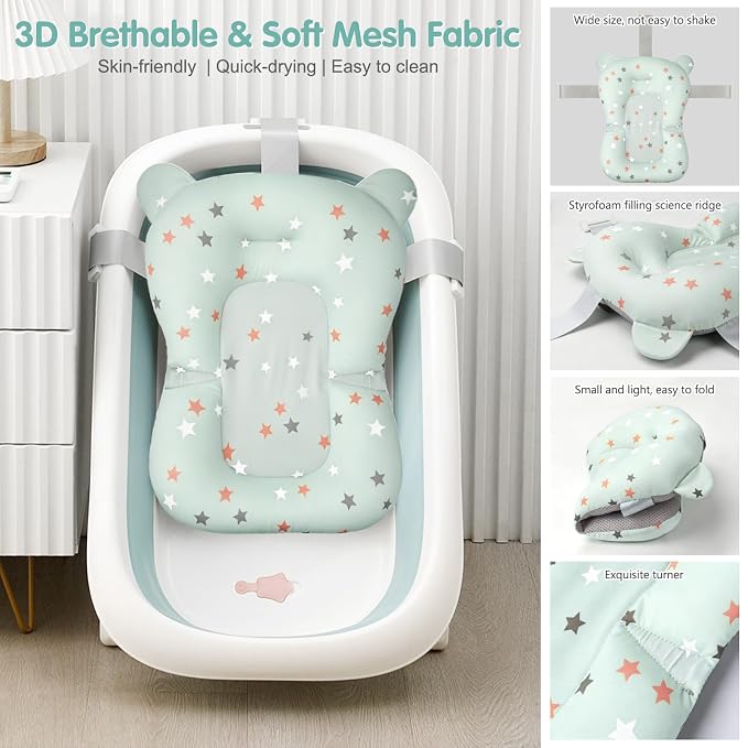 Colorlife Baby Bath Seat Support Net Infant Bathing Seat Support Mat, Adjustable Comfortable Non-Slip Three-Pointed Baby Shower Net Bathtub Sit Up Mesh for Newborn 0-12 Months-Green Star(No Bathtub)