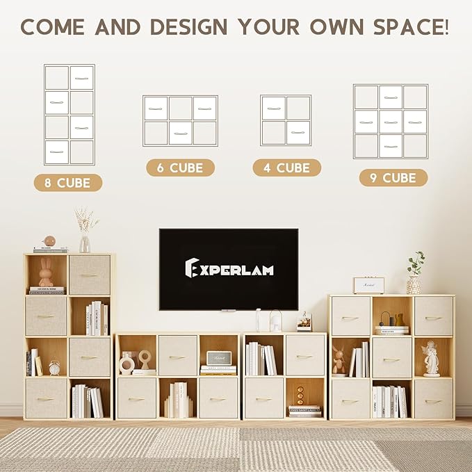 EXPERLAM 9 Cube Storage Organizer - Solid Wood Bookshelf with 5 Storage Bins, Cube Shelf with 3 Removable Back Panels, Vertical or Horizontal Bookcase, Open Book Shelf for Bedroom, Living Room, Office