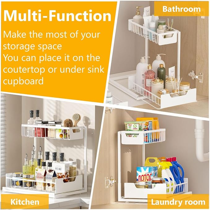 Ceetug Under Kitchen Sink Organizers and Storage Pull Out 2 Tier Metal Bathroom Cabinet Organizer (White, 1 Pack)