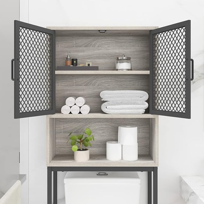 Launica Over the Toilet Storage Cabinet, Over Toilet Bathroom Organizer with Mesh Doors and Shelves, Freestanding Bathroom Storage Cabinet Above Toilet, Wood and Metal, Light Grey Oak