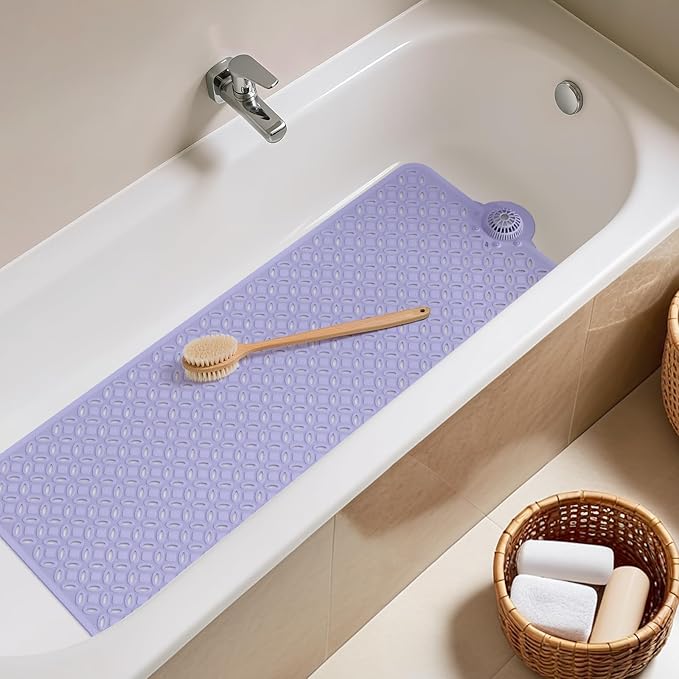 OTHWAY Bath Mat for Tub Non Slip: 39" X 17" Long Bathtub Mat with Hair Catcher│Big Drain Holes Shower Mats for Inside Shower│Machine Washable (Lavender)