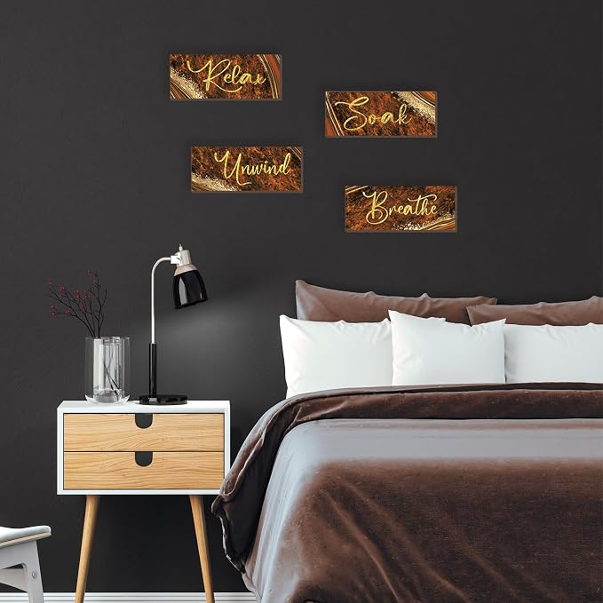 ONIZHITY 4 Pcs Wooden Rustic Marble Style Bathroom Accessories - Orange Gold Wall Decor for Bedroom, Living Room, Office, Kitchen (10X4)