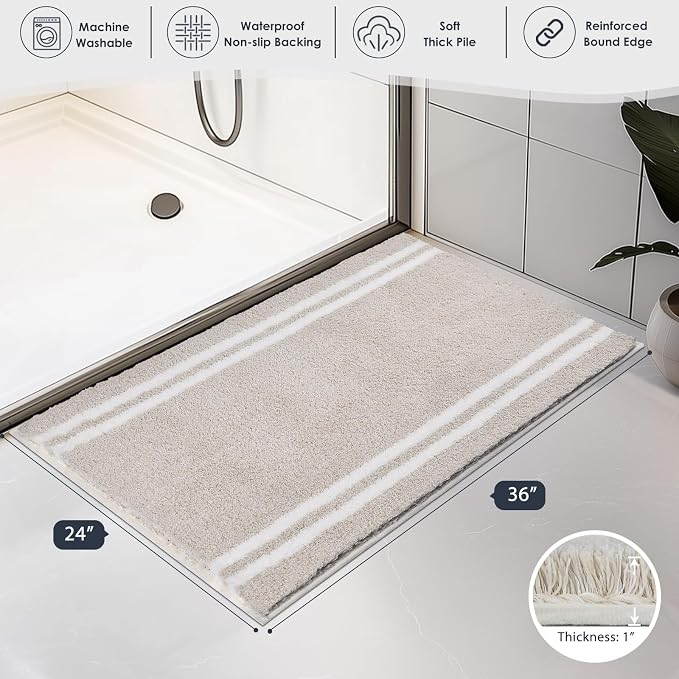 PURRUGS Bathroom Rug Non-Slip Machine Washable 24" x 36", Super Absorbent and Quick Dry Shaggy Microfiber Bath Mat, Extra Soft and Plush Bath Rug for Bathtub, Shower, and Sink, Beige