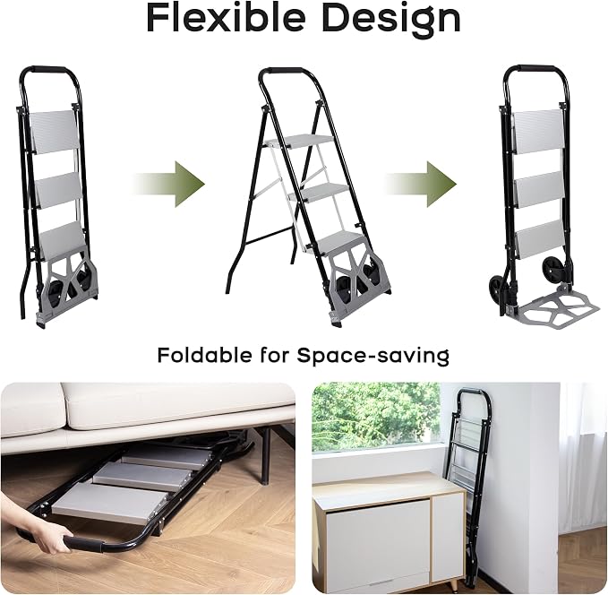 2-in-1 Hand Truck Step Ladder, Dolly Cart Step Stool, Multi-Functional Foldable Hand Trolley and Ladder for Warehouse Garage Office or Home Use (Black-Silver, 3 Step)