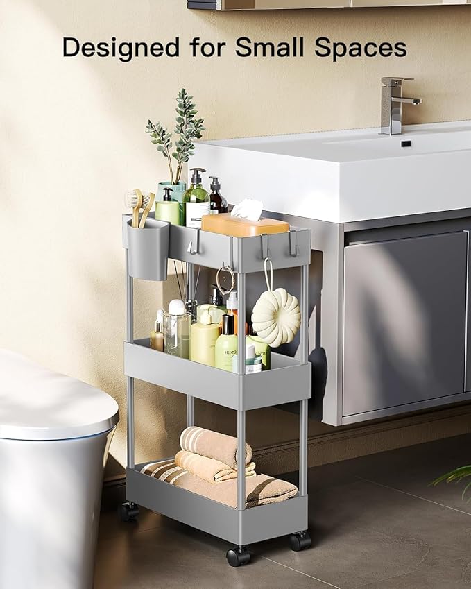 Pipishell Slim Storage Cart with Wheels - 3 Tier Bathroom Organizers and Storage Cart - Rolling Carts for Bathroom, Kitchen, Narrow Space, Laundry Room,Gray
