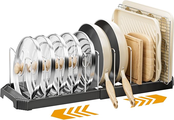 MUDEELA Pot Lid Organizer Rack for Cabinet, Expandable Pots and Pans Organizer under Cabinet with 12 Adjustable Dividers, Pan Organizers Holder inside Cabinet for Cutting Boards, Baking Sheets, Black