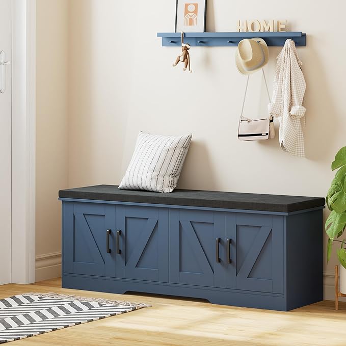 HOMSHO 2-Tier Storage Bench, 47.2" Wide Shoe Bench with Padded Seat Cushion, Entryway Bench with 4 Barn Doors and Adjustable Shelf, Blue