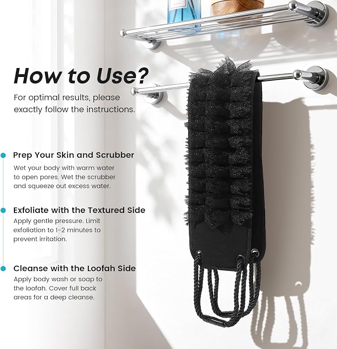 eaxun Back Scrubber with Handles for Shower, Wider 40 Inches Dual-Sided Back Washer with Exfoliating Texture and Loofah for Men, Women and Elderly, Bath Back Exfoliator Body Cleaner for Deep Cleansing