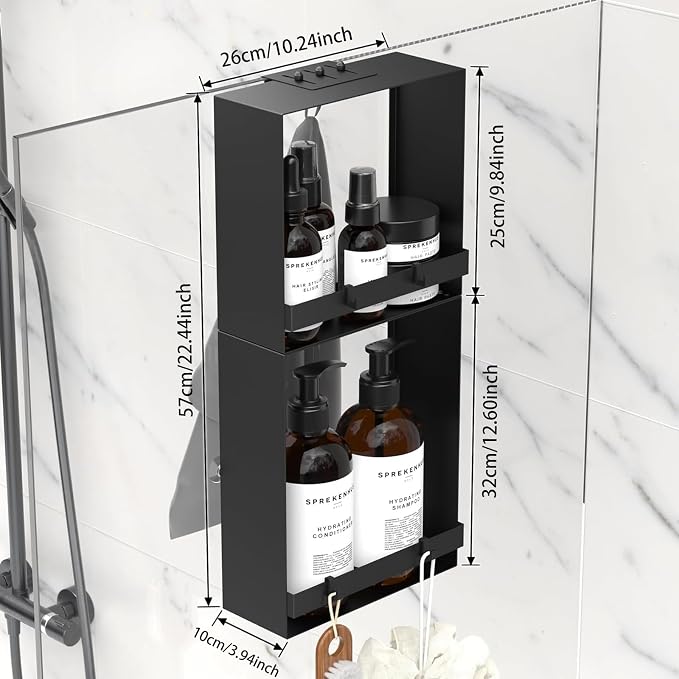Over the Glass Shower Caddy Hanging, 2 Tier Stainless Steel Rustproof Shower Organizer Over Door with Removeable 4 Hooks & 2 Suction Cup, Bathroom Organizers and Storage Rack, Bathroom Decor - Black