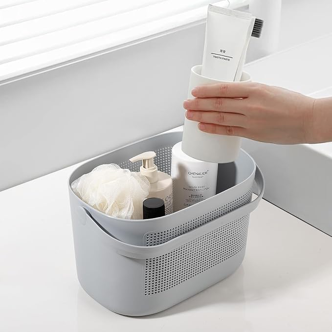 UUJOLY Plastic Storage Baskets with Handles, Shower Caddy Shelf Organizers Basket for Bathroom, Kitchen, Dorm Room, Gray