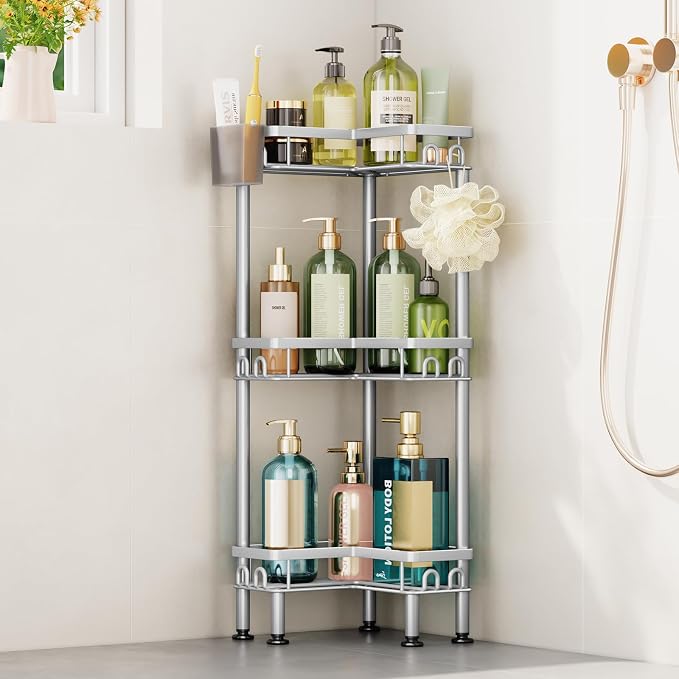 HapiRm Standing Shower Caddy Corner - 3 Tier Corner Shower Organizer with Toothbrush Holder and 12 Hooks, Large Capacity Rustproof Bathroom Shelves for Tall Bottles, Silver