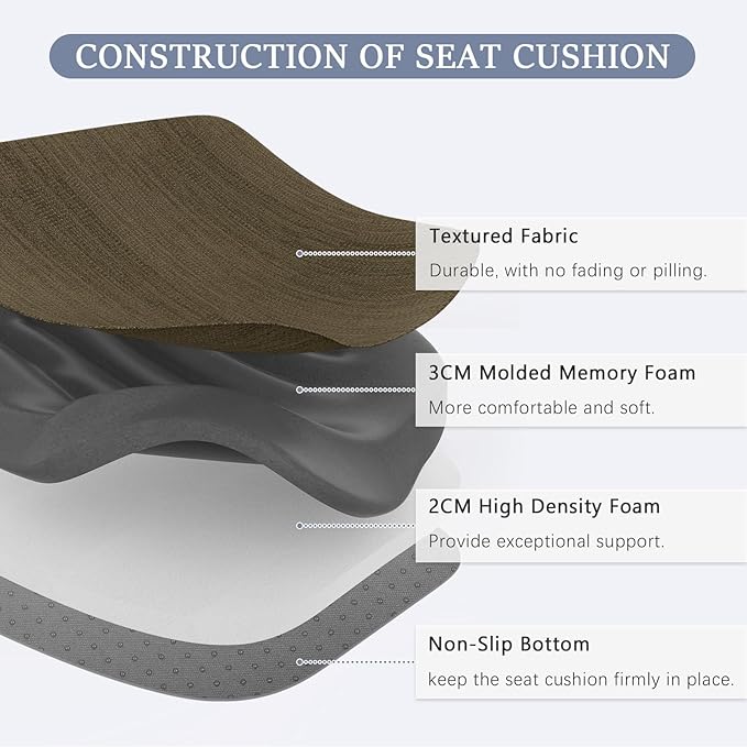 baibu Kitchen Chair Cushions, Dual-Layer Patented Design Molded Memory Foam Dining Chair Pads with Ties and Washable Cover, 17" x 16" x 2", Brown