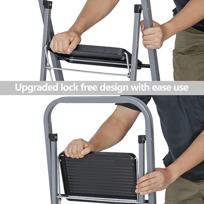 ZENY 3 Step Ladder Folding Step Stool with Wide Anti-Slip Pedal, Convenient Handgrip, Portable Steel Step Stool, 300 lbs Sturdy Steel Ladder for Household and Office