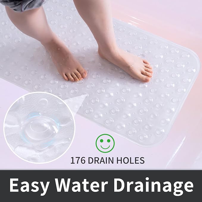 ROSMARUS Shower Mat Extra Long 16” x 39” Non-Slip Bath Mat for Tub with Suction Cups and Drain Holes Bathtub Mats for Kids, Baby, Bathroom Shower Floor Mat Anti Slip Bathtub Accessories, Clear