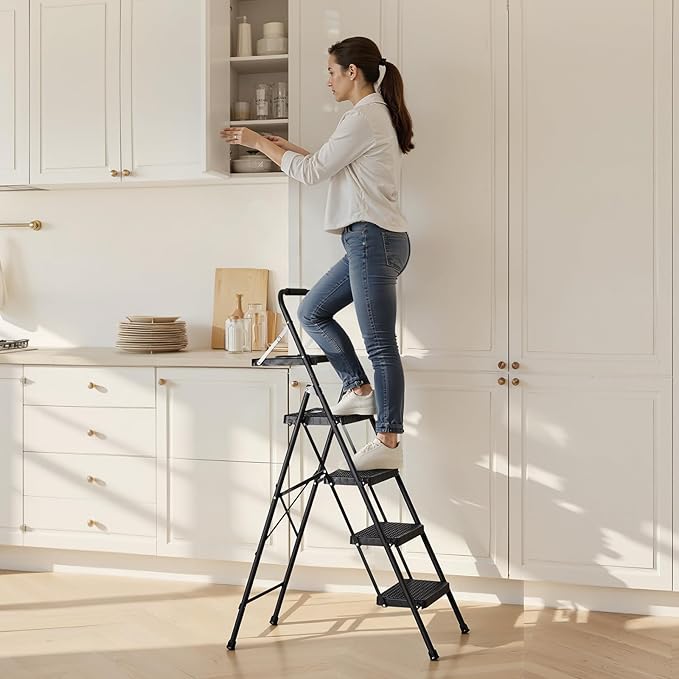 VEVOR 4 Step Ladder, Folding Step Stool with Wide Anti-Slip Pedal, Tool Tray, Comfort Handgrip, 600 lbs Capacity Portable Steel Ladder, Multi-Use for Kitchen, Home, Household and Office, Black