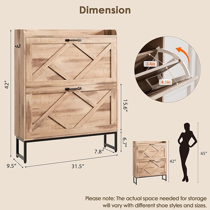Nicetree Shoe Cabinet with 2 Flip Drawers，Freestanding Shoe Storage Cabinet, Narrow Shoe Organizer Cabinet, Farmhouse Slim Shoe Rack Cabinet for Entryway, Oak with Hook