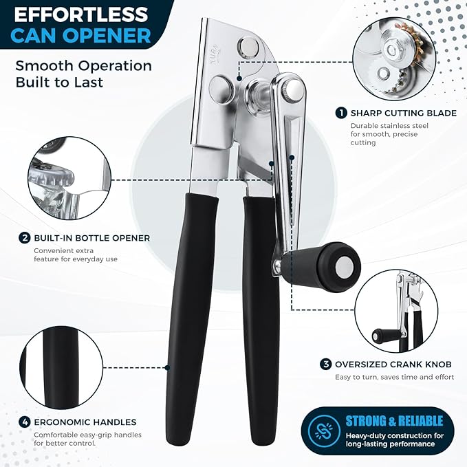 Heavy-Duty Commercial Manual Crank Can Openers,Rubber-Coated Long Handles | Easy to use, Ergonomic,Works Great on #10 Cans,for Restaurants,Home Kitchens,Seniors & Arthritis