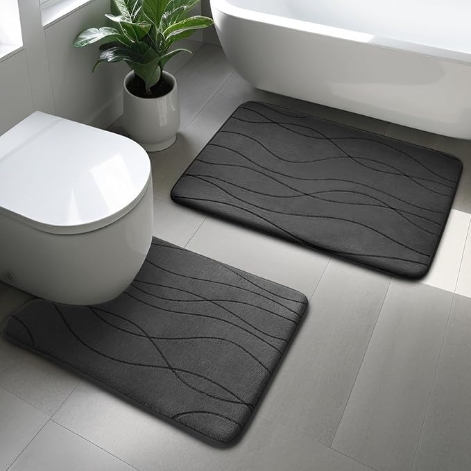 YIHOUSE Memory Foam Bathroom Rug Sets, Dark Grey, 2 Piece-U Shape Small Mat | Ultra Soft, Absorbent, Non-Slip, Machine Washable