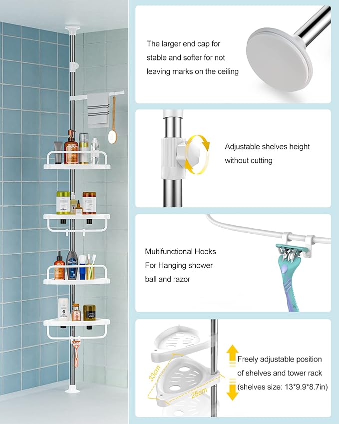 ADOVEL 4 Layer Corner Shower Caddy, Stainless Steel Constant Tension Pole Shower Organizer, Adjustable Corner Shower Shelf, Rustproof 3.3 to 9.8 ft
