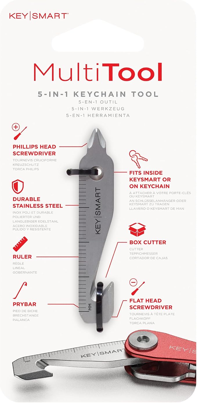 KeySmart MultiTool - 5-in-1 Multi-Purpose Keychain Tool with Box Opener, Ruler, Pry Bar, Phillips and Flat Head Screwdriver - EDC Gear Mini Multitool, and Keychain Accessories