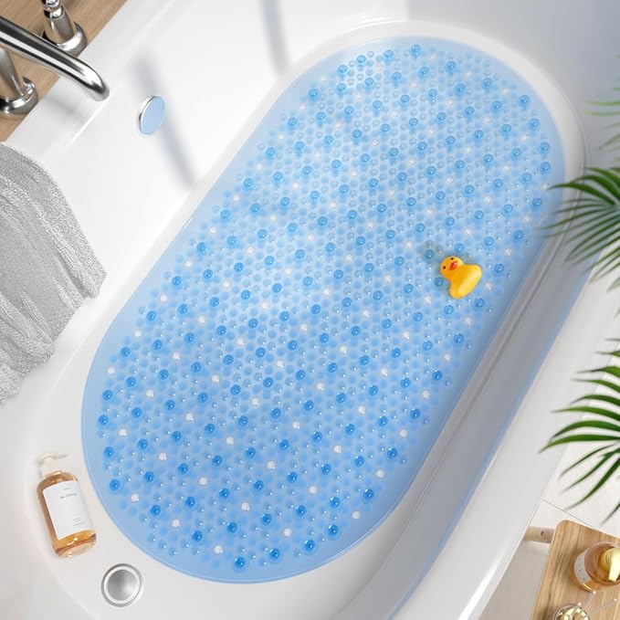 HITSLAM Oval Bathtub Mat Non Slip, 27x15 Inch Bubble Bath Tub Mat for Bathroom, Machine Washable Shower Mat with Suction Cups and Drain Holes, Blue