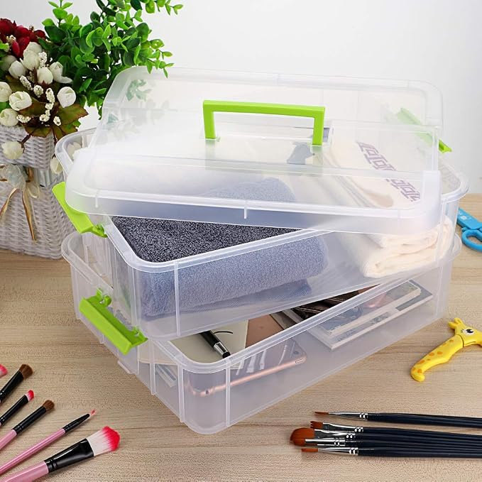 JUXYES 2-Tiers Stack Carry Storage Box With Handle, Transparent Stackable Storage Bin With Handle Lid Latching Storage Container for School & Office Supplies (Green)