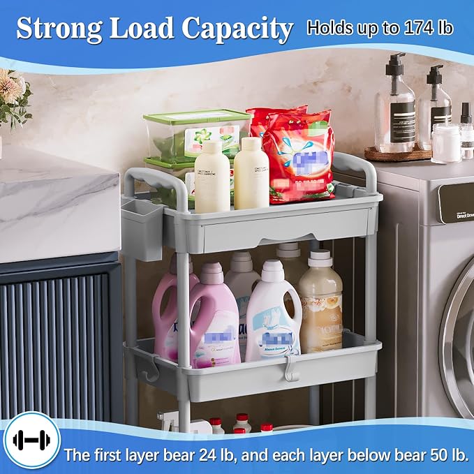 SUNALLY 3 Tier Rolling Cart with Drawer, Bathroom Storage Organizer with 2 Lockable Wheels, Multifunctional Rolling Storage Cart for Bathroom, Kitchen, Office, Craft, Makeup, Baby Essentials, Gray