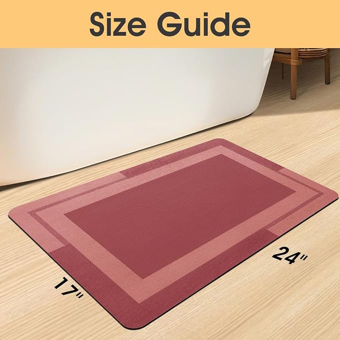 ACCUMTEK Non Slip Bath Mat, Thin Bathroom Rugs Fit Under Door, Quick Dry Bath Mats, Machine Washable Bath Rugs for Bathroom, Bathtub & Kitchen, Red/Bordered/24 x17