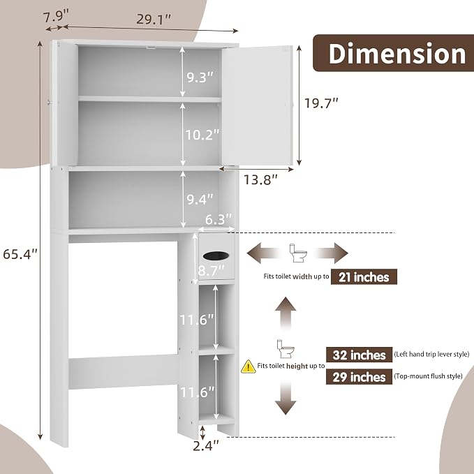 Shintenchi Over the Toilet Storage Cabinet, Bathroom Storage Cabient with Barn Doors, Bathroom Storage Shelf Organizer with Toilet Paper Holder, Adjustable Shelf and Anti-Tip Device, White