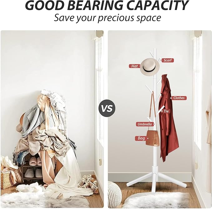 Unisakey Durable Wooden Coat Rack, Freestanding Coat Rack with Stable Triangular Base, 8 Hooks & 3 Adjustable Heights, Simple Assembly for Bedroom, Hallway, Office(New White)