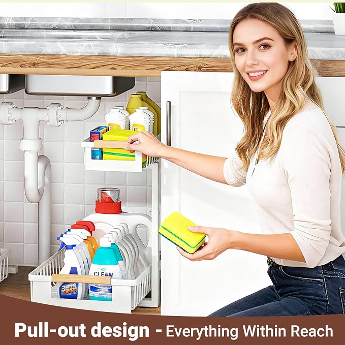 Under Sink Organizer, 2 Tier Pull Out Cabinet Organizer with 5 Adjustable Heights, Metal Under Sink Storage with Sliding Drawers for Kitchen, Bathroom, Pantry and Laundry Room, 4-Pack White