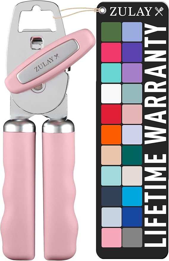 Zulay Kitchen Heavy Duty Stainless Steel Can Opener Manual with Bottle Opener - Rust Proof Manual Can Opener With Turn Knob & Comfy Soft Grip Handles - Light Pink