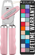 Zulay Kitchen Heavy Duty Stainless Steel Can Opener Manual with Bottle Opener - Rust Proof Manual Can Opener With Turn Knob & Comfy Soft Grip Handles - Light Pink