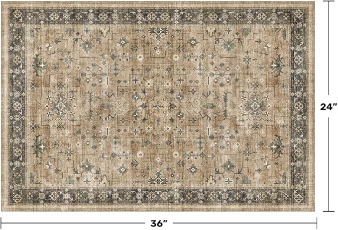 Hazo Haus Washable 2x3 Entry Rug Front Door Indoor, Bohemian Kitchen Floor Rug, Non-Slip & Stain Resistant, Vintage Desert Taupe Sage Farmhouse Floral Décor
