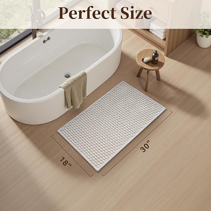 AMOAMI Unique Woven Bath Mat, Super Absorbent Non Slip Bath Mats for Bathroom Floor Textured Bathroom Mat Quick Dry Washable Boho Thin Bathroom Rugs for Beside Tub, 18" x 30", White