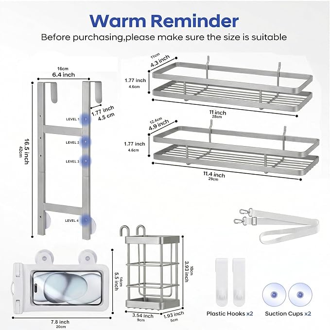 Over the Door Shower Caddy Hanging, Rustproof Shower Shelves with Waterproof Phone Pouch, 2-Tier Adjustable Bathroom Organizers and Storage, No Drilling Shampoo Soap Shelf (Silver 2-Tier)