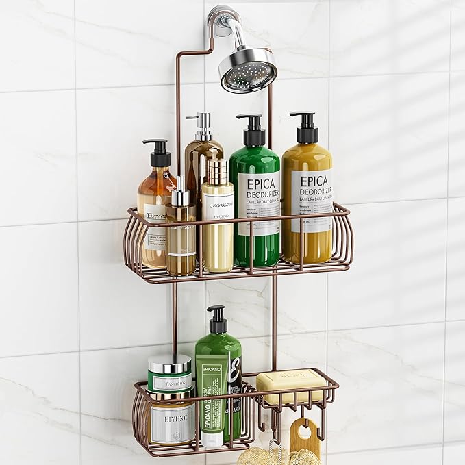 Epicano Shower Caddy Hanging Over Head, Bronze | Rustproof,4 Hooks for Towels,Sponge and & Bathroom Accessories,Anti-Swing Suction Cups & Adhesive hooks