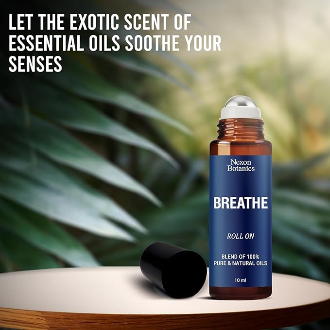Breathe Essential Oil Roll-On 10 ml - Pure Eucalyptus, Peppermint & Rosemary Oils Blend Roller for Clear Breathing & Respiratory Support - Nexon Botanics