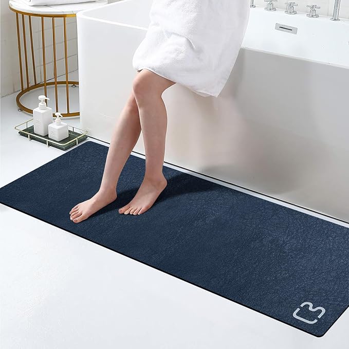 RUERYA Bath Mat 17" x 59" Extra Long Bathroom Mat Large Fast Dry Super Absorbent Non-Slip Rubber Backed Shower Mat Bath Rugs Mats for Bathroom Floor, Tub, Shower, Sink, Navy Blue