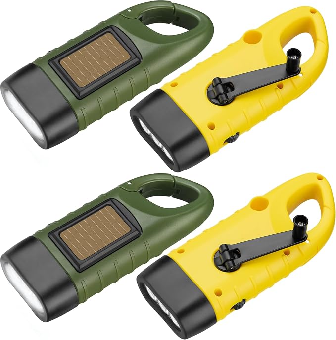 SEANCHEER Hand Crank Solar Powered Flashlights,Compact Emergency LED Flashlight Handheld Survival Flashlight,Quick Snap Carbiner Dynamo Flashlight for Outdoor,Sports,Hiking-4 Packs
